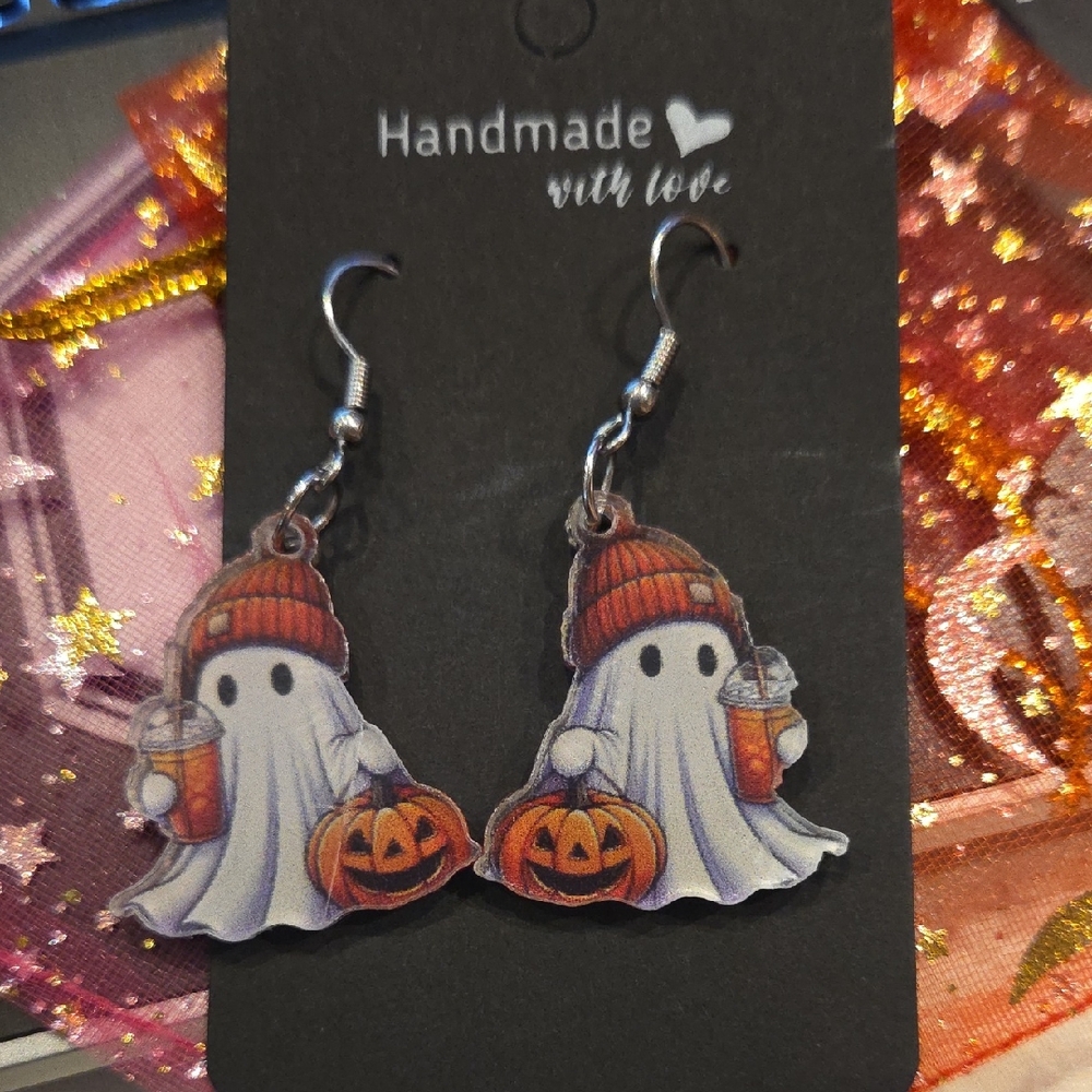 Handmade Ghost Earrings with Pumpkins